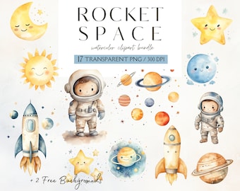 Watercolor Space Clipart Bundle, Astronaut Nursery Clipart, Astronaut Spaceship, Rocket Clipart, Stars and Moon PNG, Instant Download