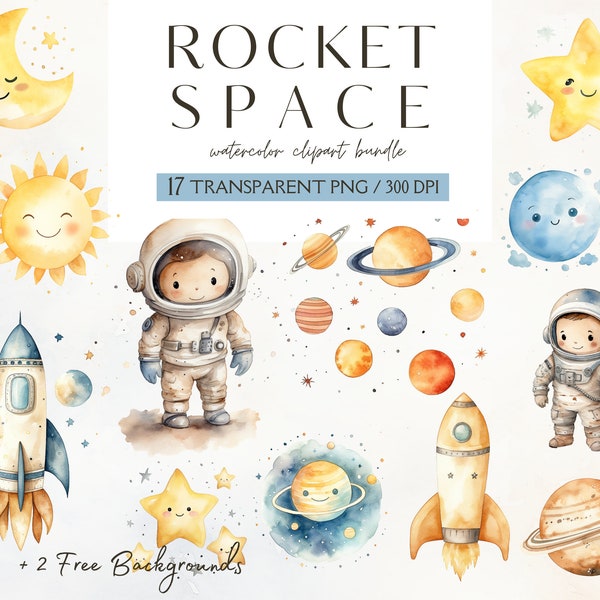 Bundle de cliparts espace aquarelle, clipart chambre d'enfant astronaute, vaisseau spatial astronaute, clipart fusée, étoiles et lune PNG, téléchargement immédiat