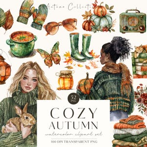 Otoño acogedor, imágenes prediseñadas de otoño rústico de acuarela, gráficos PNG de otoño, ilustración de chica acogedora, calabaza, hoja, cottagecore, licencia comercial