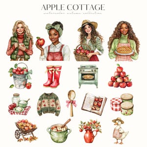 Akvarell mysig höst Clipart, höst PNG, höstvibbar, röd lada, mysig gård, höstäppelskörd, digitala klistermärken, scrapbooking, kommersiell bild 3