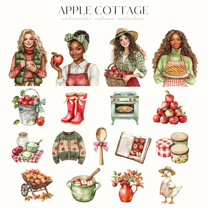 Akvarell mysig höst Clipart, höst PNG, höstvibbar, röd lada, mysig gård, höstäppelskörd, digitala klistermärken, scrapbooking, kommersiell bild 3