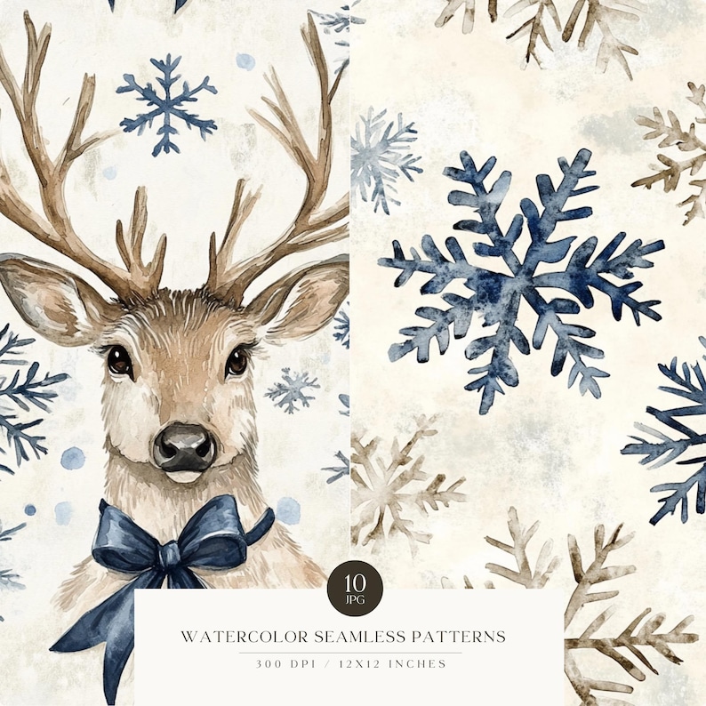 May include: A watercolour illustration of a deer with antlers wearing a blue bow tie. The background is a seamless pattern of blue and brown snowflakes. The text "10 JPG WATERCOLOR SEAMLESS PATTERNS 300 DPI / 12X12 INCHES" is at the bottom of the image.