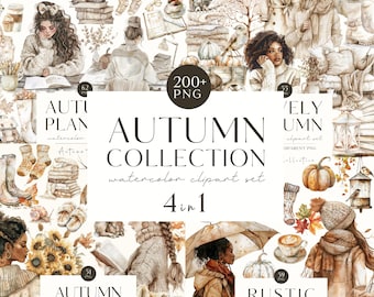 Cozy Autumn Large Bundle, Watercolor Neutral Fall Clipart, Seasonal PNG Graphics, Cuteness, XX Bundle, Pumpkin, Leaf, Commercial Use