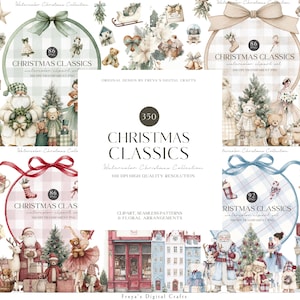 May include: A digital collection of watercolor Christmas clipart featuring Santa Claus, teddy bears, decorated trees, gift boxes, and festive storefronts. The set includes various holiday-themed illustrations, patterns, and floral arrangements.