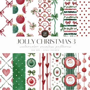 Peut inclure: Ensemble de 14 motifs sans couture à l'aquarelle sur le thème de Noël. Les motifs comprennent des ornements, des nœuds, des cannes en bonbon et le Père Noël. Le texte "JOLLY CHRISTMAS 3" et "watercolor seamless patterns" est visible. Chaque motif mesure 30,48 x 30,48 cm.