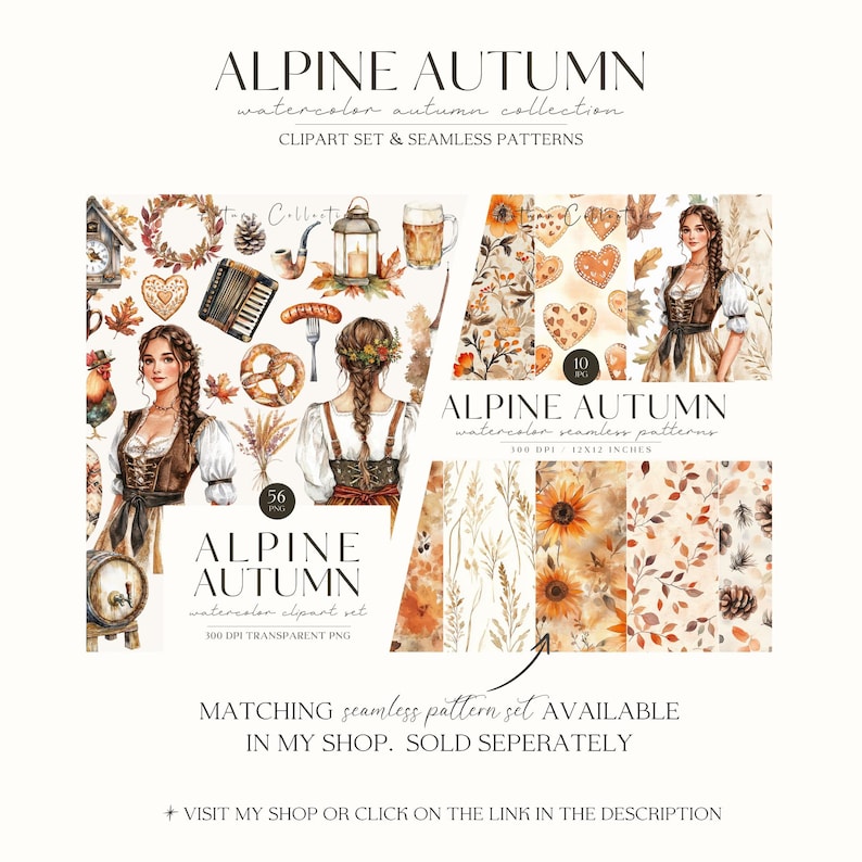 May include: A watercolor clipart set and seamless pattern collection featuring an autumn theme with a traditional alpine style. The set includes illustrations of a woman in a dirndl, a pretzel, a beer stein, a lantern, a rooster, a heart-shaped gingerbread cookie, a musical instrument, and a pipe. The seamless patterns feature sunflowers, leaves, and pine cones in shades of brown, orange, and yellow.