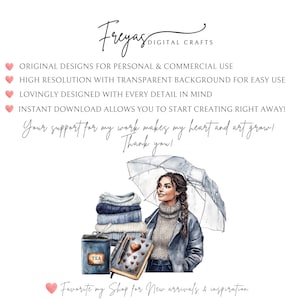 Puede incluir: Ilustraci&oacute;n en acuarela que presenta a una mujer con un paraguas, una pila de su&eacute;teres, una lata de t&eacute; y un cuaderno. El texto incluye "Original Designs" e "Instant Download". La imagen tiene un estilo art&iacute;stico suave.