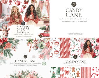 Aquarel snoepgoed kerst clipart, gezellige kerstafbeeldingen, Grandmillennial, preppy, scrapbooking, digitale download en commercieel gebruik