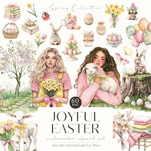 Clipart de feliz Pascua, acuarela primaveral, conejito de Pascua, huevo de Pascua, linda temporada de primavera, pegatinas digitales, scrapbooking, uso comercial