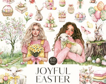 May include: A watercolor clipart set with a joyful Easter theme. The set includes images of bunnies, chicks, eggs, flowers, and girls holding lambs. The text "Joyful Easter" is written in a decorative font.