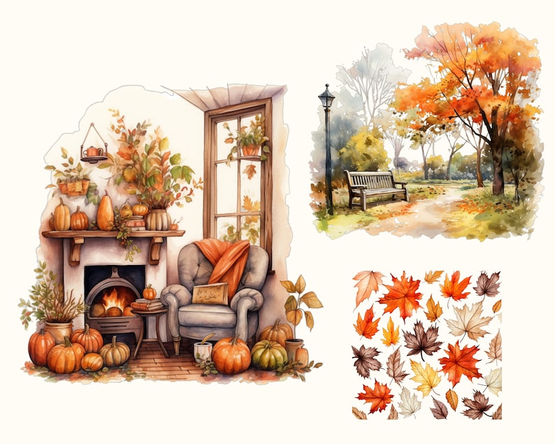 Höstscener - Akvarell höst ClipArt Set - Höst Clipart - Höstillustrationer - Grafik - Kommersiell licens - Höststuga - Höst och hösthelg bild 7