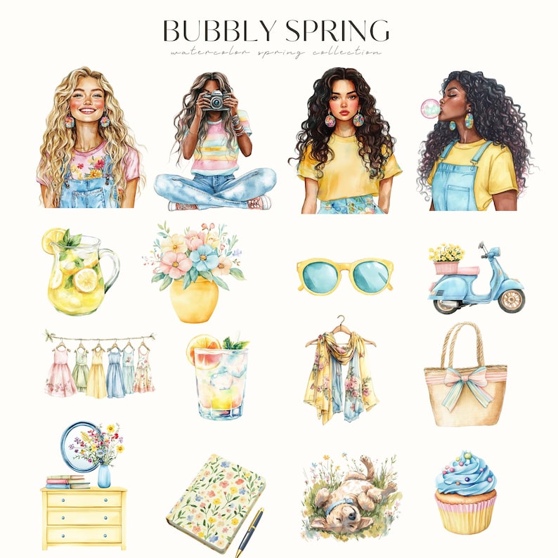 Clipart de primavera, primavera, acuarela divertida en colores pastel, clipart de verano, clipart de dulces, piruleta, pegatinas digitales, uso comercial imagen 5