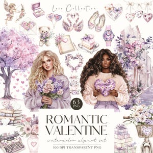 Clipart del día de San Valentín, San Valentín floral, pareja de acuarela, rubor, amor romántico, corazón, ternura PNG, pegatinas digitales, uso comercial