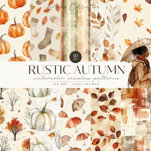 May include: A set of 10 digital watercolor seamless patterns featuring autumn themes. The patterns include pumpkins, leaves, umbrellas, socks, and branches. The patterns are 300 DPI and 12x12 inches.