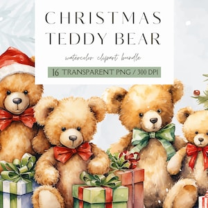 Ours en peluche de Noël, ours de Noël aquarelle, clipart hiver, joli lot de Noël, décoration joyeux Noël, fabrication de cartes, scrapbooking