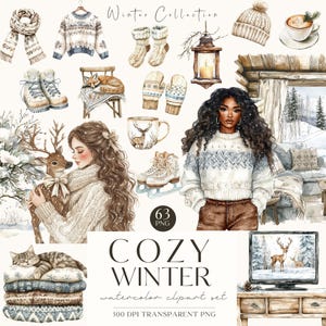 Clipart de invierno acogedor, paquete de invierno neutro en acuarela, cabaña de invierno, comodidad, ternura PNG, Cottagecore, pegatinas de temporada, álbum de recortes