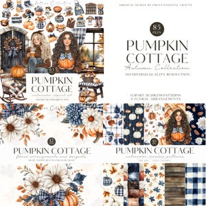 Op de afbeelding: Een digitale kunstcollectie genaamd "Pumpkin Cottage" met herfstthema-illustraties. De afbeelding bevat aquarel clipart, naadloze patronen en bloemstukken. De collectie bevat 85 bestanden met een hoge resolutie van 300 DPI.