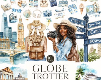 Watercolor Traveler Clipart, Wanderlust Traveler, Girls Travel, Summer Clipart, Travel PNG, Digital Stickers, Scrapbooking, Commercial Use