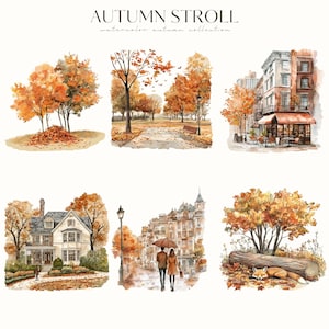 May include: Watercolor illustrations of autumn scenes. The images depict trees with orange and yellow leaves, a park with a bench, a city street with a cafe, a house, a couple walking with an umbrella, and a fox resting by a log. Text reads "AUTUMN STROLL".