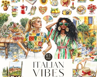 Acuarela italiana, imágenes prediseñadas de verano, viajes por el Mediterráneo, azulejos italianos con limón PNG, Toscana, pegatinas digitales, álbum de recortes, uso comercial