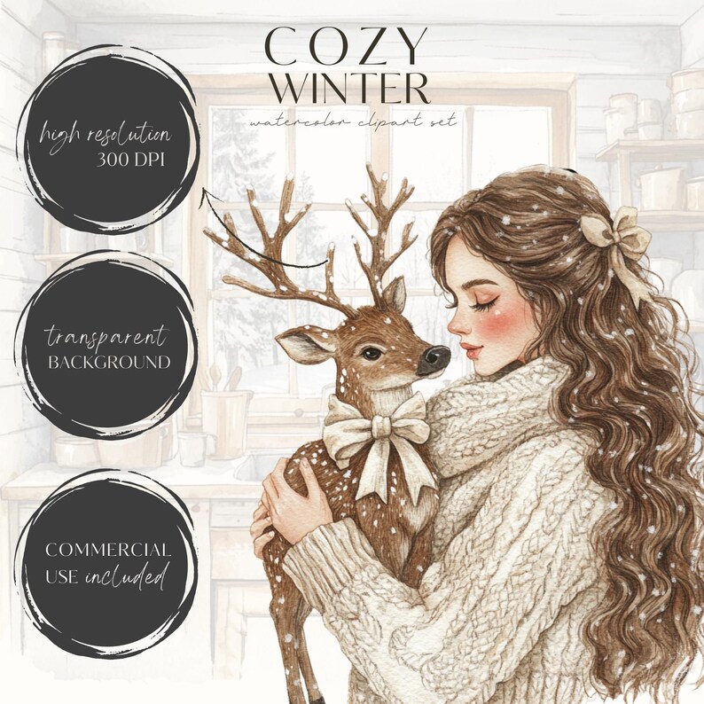 May include: Watercolor illustration of a young woman with long brown hair holding a fawn with white spots. The woman is wearing a white sweater and a scarf. The fawn has a white bow around its neck. The background is a snowy winter scene with a window in the background. The text "Cozy Winter watercolor clipart set" is at the top of the image.