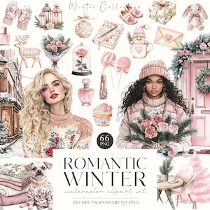 Blush Winter Clipart, Przytulna zima, Dusty Rose Christmas, Słodkość PNG, Romantyczny, Różowa zima, Cottagecore, Naklejki cyfrowe, Scrapbooking