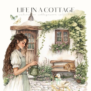 May include: Watercolor illustration of a cottage scene with the text "LIFE IN A COTTAGE". A woman waters plants, a duck and ducklings are in the foreground, and a cat rests on a bench. Butterflies and greenery add to the idyllic setting.