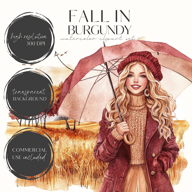 May include: A watercolour clipart set named "Fall in Burgundy." The image depicts a woman with blonde hair in a burgundy coat, sweater, and hat, holding an umbrella. The background shows a field and trees. Includes high resolution, transparent background, and commercial use.