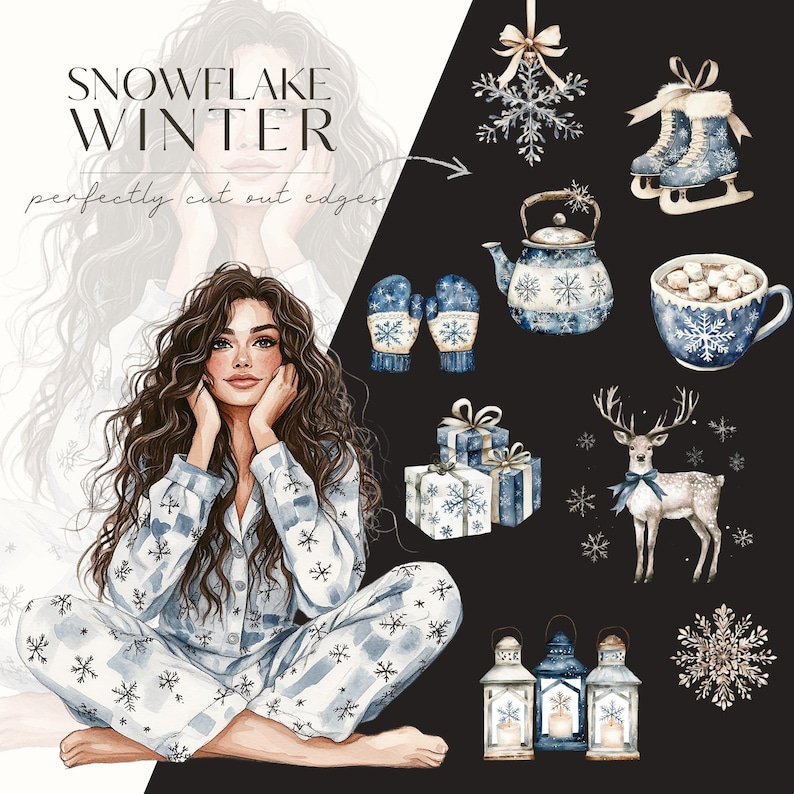 May include: A digital illustration of a woman wearing blue pajamas with a snowflake pattern. The woman is sitting with her legs crossed and her hands on her chin. The background is a black and white pattern of snowflakes. The image also includes a variety of winter-themed illustrations, including a teapot, a mug of hot chocolate, a deer, and a pair of mittens.