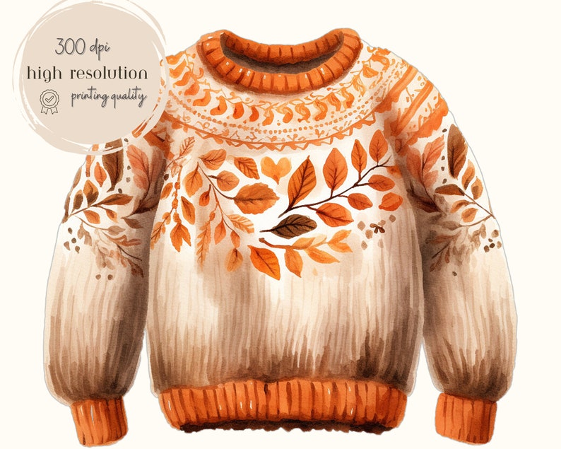 Op de afbeelding: Een aquarel-illustratie van een beige trui met een oranje breipatroon en een herfstbladerenontwerp. De trui heeft lange mouwen en een ronde hals.