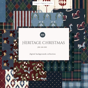 May include: A collection of 100 Heritage Christmas digital backgrounds in JPG 300 DPI format by Freya's Digital Crafts. The patterns feature various designs including rocking horses, bells, mistletoe, plaid, stripes, and diamonds in red, blue, and green.