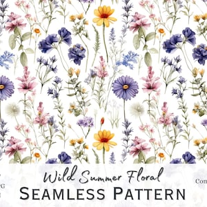 Könnte beinhalten: Ein nahtloses Muster mit verschiedenen Aquarell-Wildblumen in den Farben Rosa, Lila, Blau, Gelb und Grün. Die Blumen sind in einem sich wiederholenden Muster auf weißem Hintergrund angeordnet.