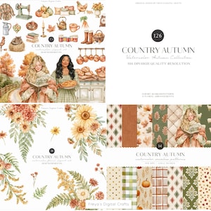 May include: A digital collection titled Country Autumn featuring watercolor illustrations of pumpkins, foliage, kitchenware, and two people. Includes floral arrangements, seamless patterns, and text elements like 126, 73, 39, and 14.
