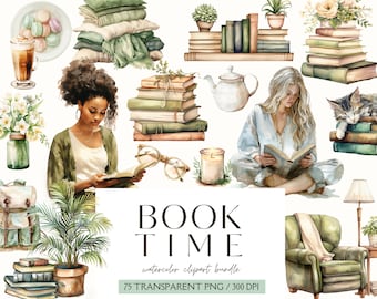Book Lover Clipart, Book Time Watercolor, Planner Girl, Bookworm, Teacher, Reading, Cozy Girl, Digital Stickers, Commercial Use