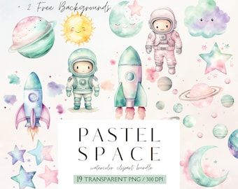 Watercolor Cute Space Clipart Bundle, Pastel Girl Astronaut Nursery Clipart, Astronaut, Spaceship, Rocket, Stars, Moon PNG, Instant Download