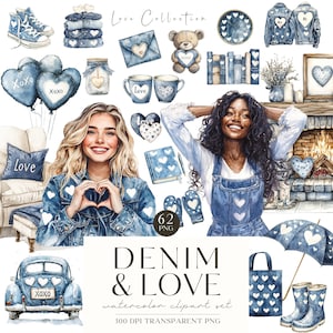 Saint-Valentin Clipart, Clipart amour, bleu Saint-Valentin imprimable, coeur Clipart, PNG romantique, Cottagecore en denim, Stickers numériques, Commercial
