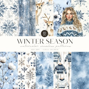 Padrões aconchegantes de inverno sem costura, floco de neve em aquarela, aconchego azulado, padrão sazonal infinito, scrapbooking, papel digital, uso comercial