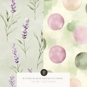 May include: Two watercolor seamless patterns. The first pattern features lavender flowers in shades of purple and green on a light green background. The second pattern features pink and green watercolor circles on a light green background.