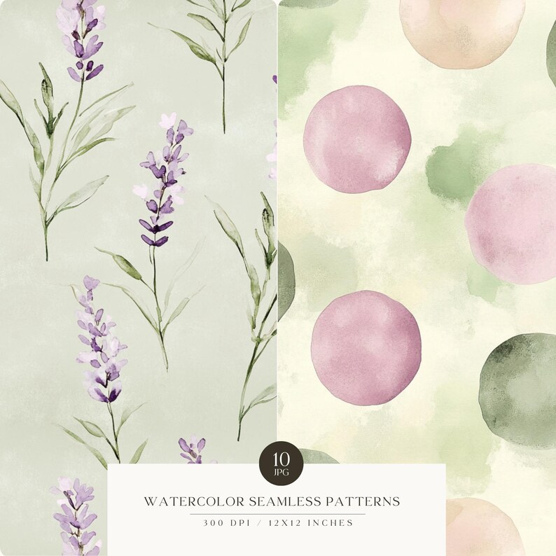May include: Two watercolor seamless patterns. The first pattern features lavender flowers in shades of purple and green on a light green background. The second pattern features pink and green watercolor circles on a light green background.