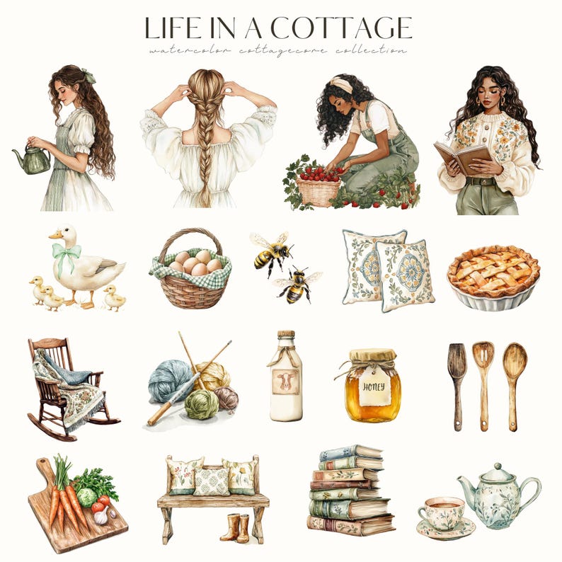 May include: Watercolor illustration titled "LIFE IN A COTTAGE" featuring cottagecore elements. Depicted are women, a duck with ducklings, a basket of eggs, bees, pillows, a pie, a rocking chair, knitting supplies, milk, honey, wooden spoons, a cutting board with vegetables, a bench, books, and tea.
