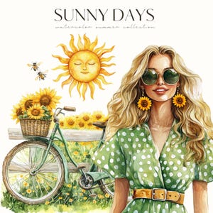 May include: A watercolor illustration of a woman wearing a green polka dot dress and sunglasses, with sunflowers and a bicycle in the background. The illustration is titled "SUNNY DAYS watercolor summer collection".