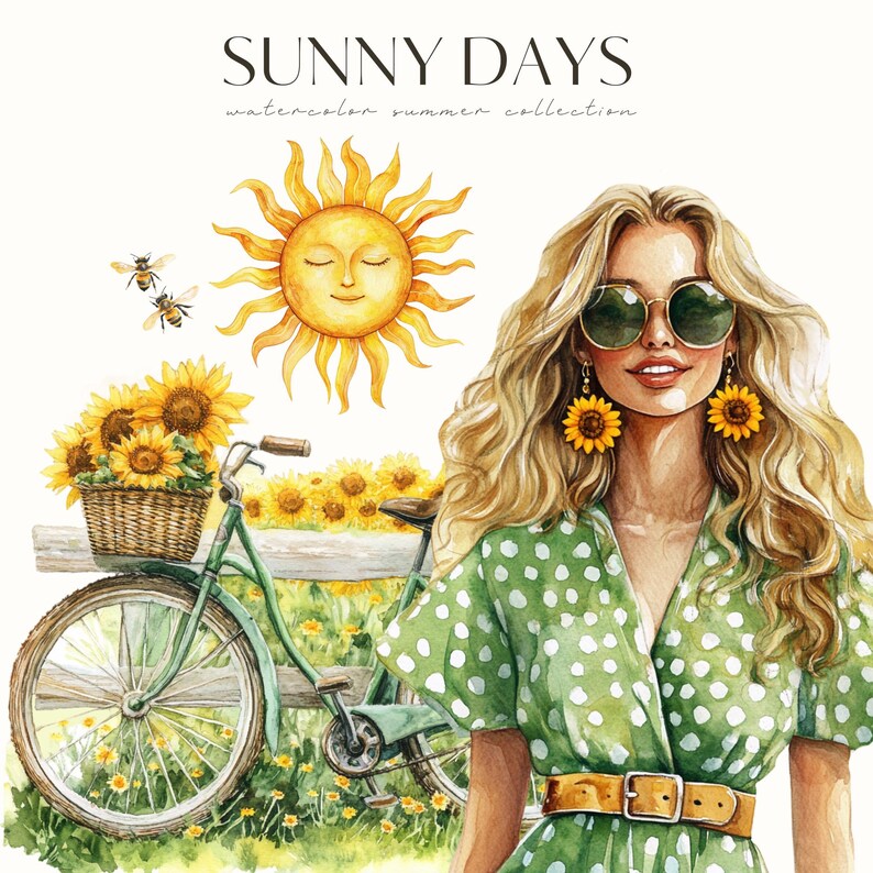 May include: A watercolor illustration of a woman wearing a green polka dot dress and sunglasses, with sunflowers and a bicycle in the background. The illustration is titled "SUNNY DAYS watercolor summer collection".