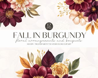 Watercolor Burgundy fall Floral Clipart, Autumn Floral Bouquet, Fall Dahlia PNG, Wedding Invite, Digital Stickers, Scrapbook, Commercial Use