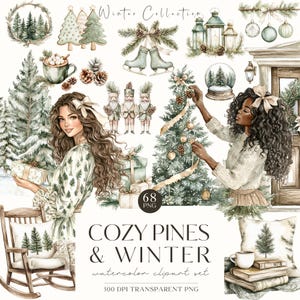Imágenes prediseñadas de invierno acogedor, pino PNG, gráficos navideños neutros de acuarela, lindo paquete navideño, Cottagecore, pegatinas digitales, uso comercial