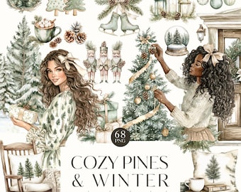 Cozy Winter Clipart, Pine PNG,  Watercolor Neutral Christmas Graphics, Cute Christmas Bundle, Cottagecore, Digital Stickers, Commercial Use