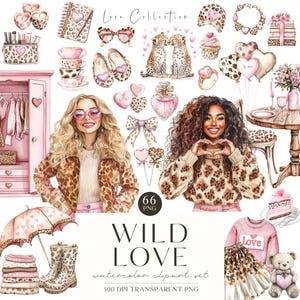 Clipart de feliz día de San Valentín, clipart de San Valentín en acuarela rosa, estampado de leopardo, amor romántico, amor lindo, pegatinas digitales, uso comercial