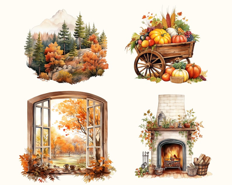 Höstscener - Akvarell höst ClipArt Set - Höst Clipart - Höstillustrationer - Grafik - Kommersiell licens - Höststuga - Höst och hösthelg bild 4