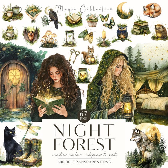 Magical Forest Clip Art, Woodland Animals, Enchanted Forest Creatures, Mystical Fairy Forest, Pagan PNG, Digital Stickers, Commercial Use