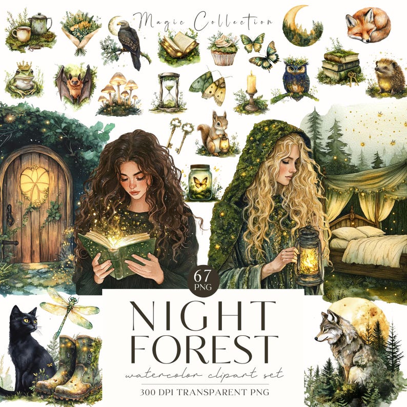 May include: A digital clipart set of 67 watercolour illustrations featuring a magical night forest theme. The set includes images of a wolf, a fox, a black cat, a dragonfly, a girl reading a book, a girl holding a lantern, a mushroom, a book, a key, a squirrel, a butterfly, an owl, a moon, a teapot, a cupcake, a candle, a door, a bed, and more.