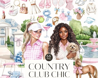 Clipart akwarelowy Country Club, Clipart Grandmillennial, Preppy Elegance PNG, Sportowy, Naklejki do cyfrowego planera, Album, Użytek komercyjny